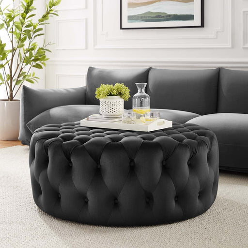 Amour Tufted Button Large Round Performance Velvet Ottoman | Bohemian Home Decor